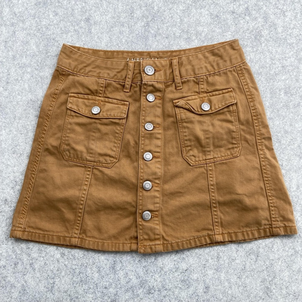 American Eagle Skirt Womens 2 Brown Hi-Rise A-Line Mini Button Front Twill